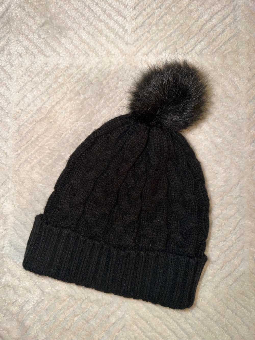 Black Cable Knit Pom Beanie - Women